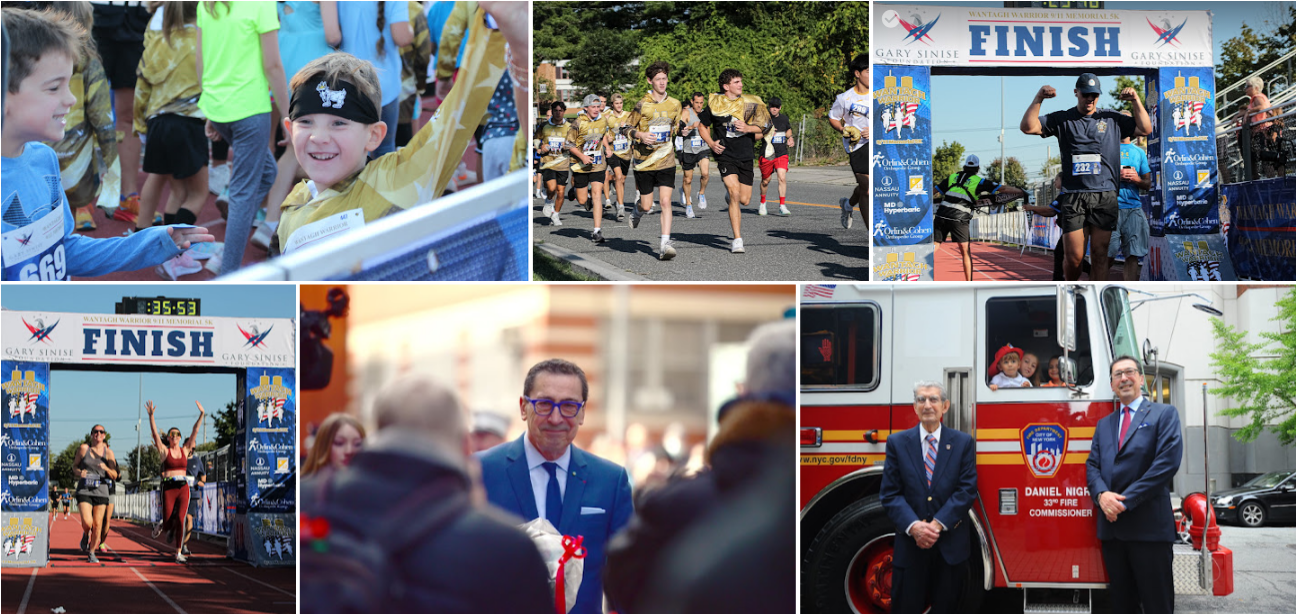photo collage of runners during a race; photo of two men standing in front of fire truck